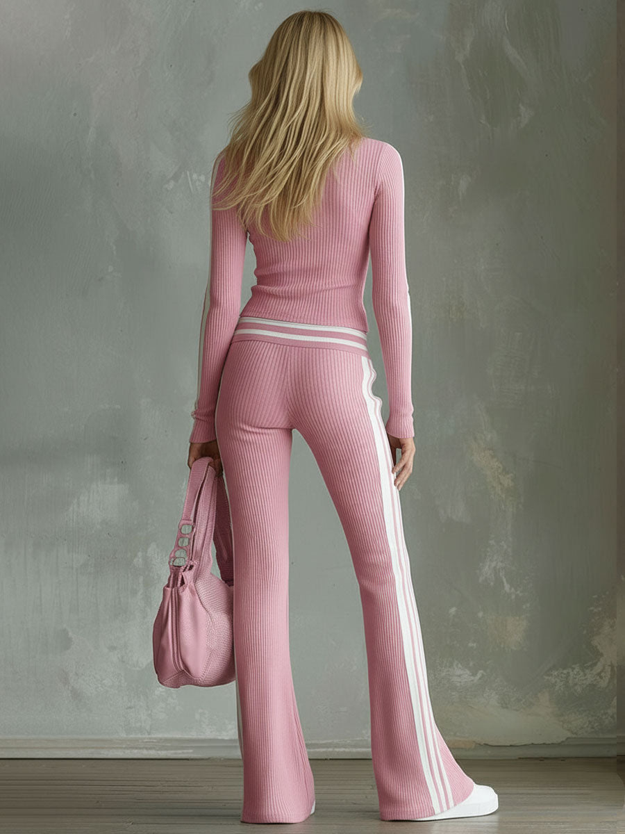 Color-blocked V-neck Long-sleeved Top And Trousers Ribbed Set