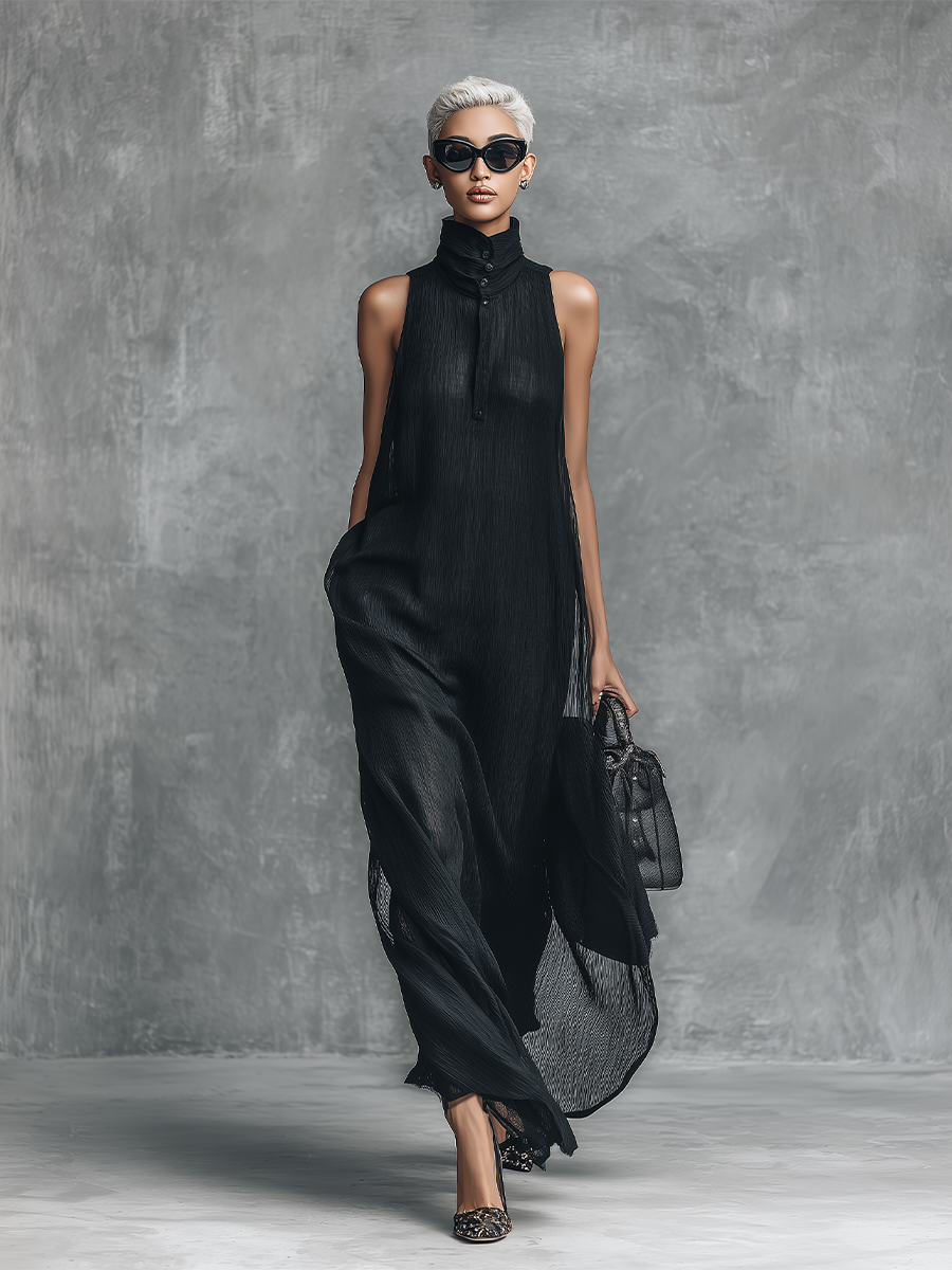 Women's Simple Style Black Chiffon Crinkle Sleeveless Stand-collar Long Dress MDZ1515A5BA