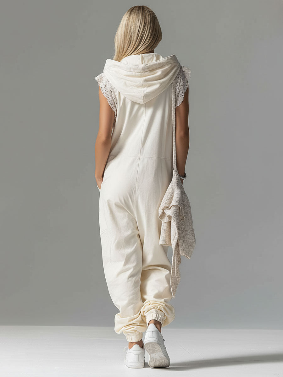 Hooded Lace-trimmed Double-pocket Sleeveless Jumpsuit