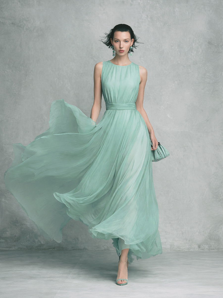 Women's Elegant Mint Green Chiffon Sleeveless Long Dress With A Fitted Waist MDZ1550A9BA