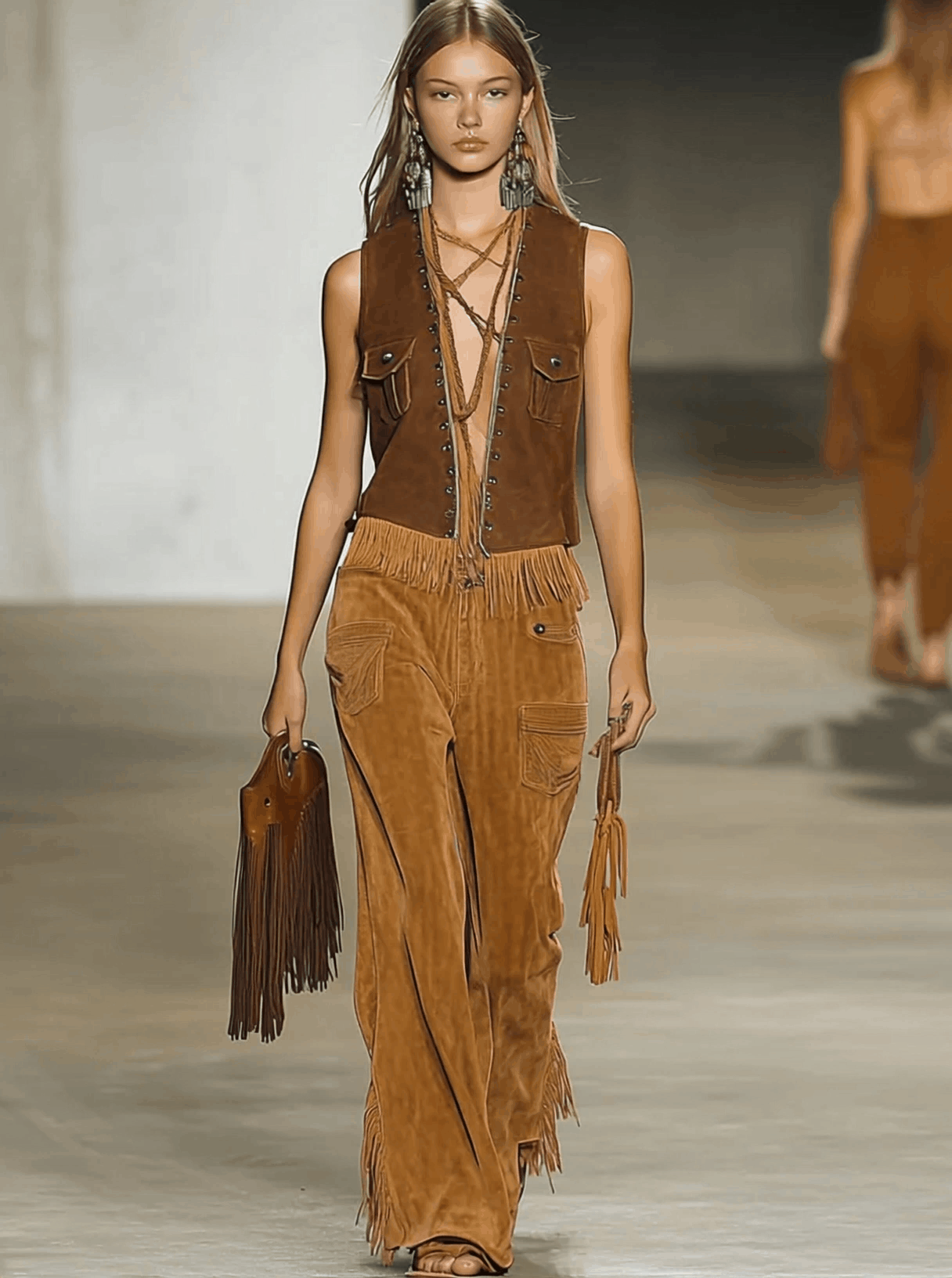 【24-hour shipping out】Casual Loose Vintage Caramel Suede Rivet Tassel Wide Leg Pants