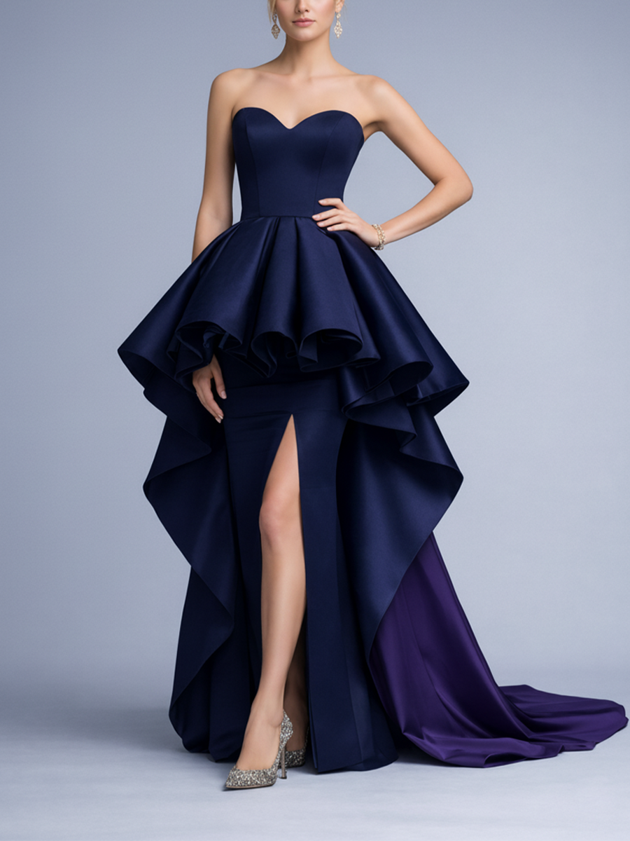 Women's Luxurious Navy Blue Satin Strapless Evening Gown With A Train MDA3174L3BA