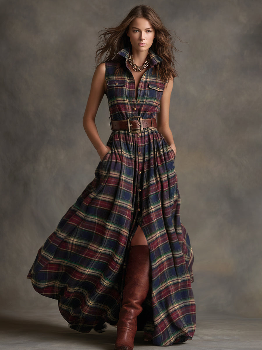 Retro Ethnic Style Lapel Collar Plaid Sleeveless Maxi Dress