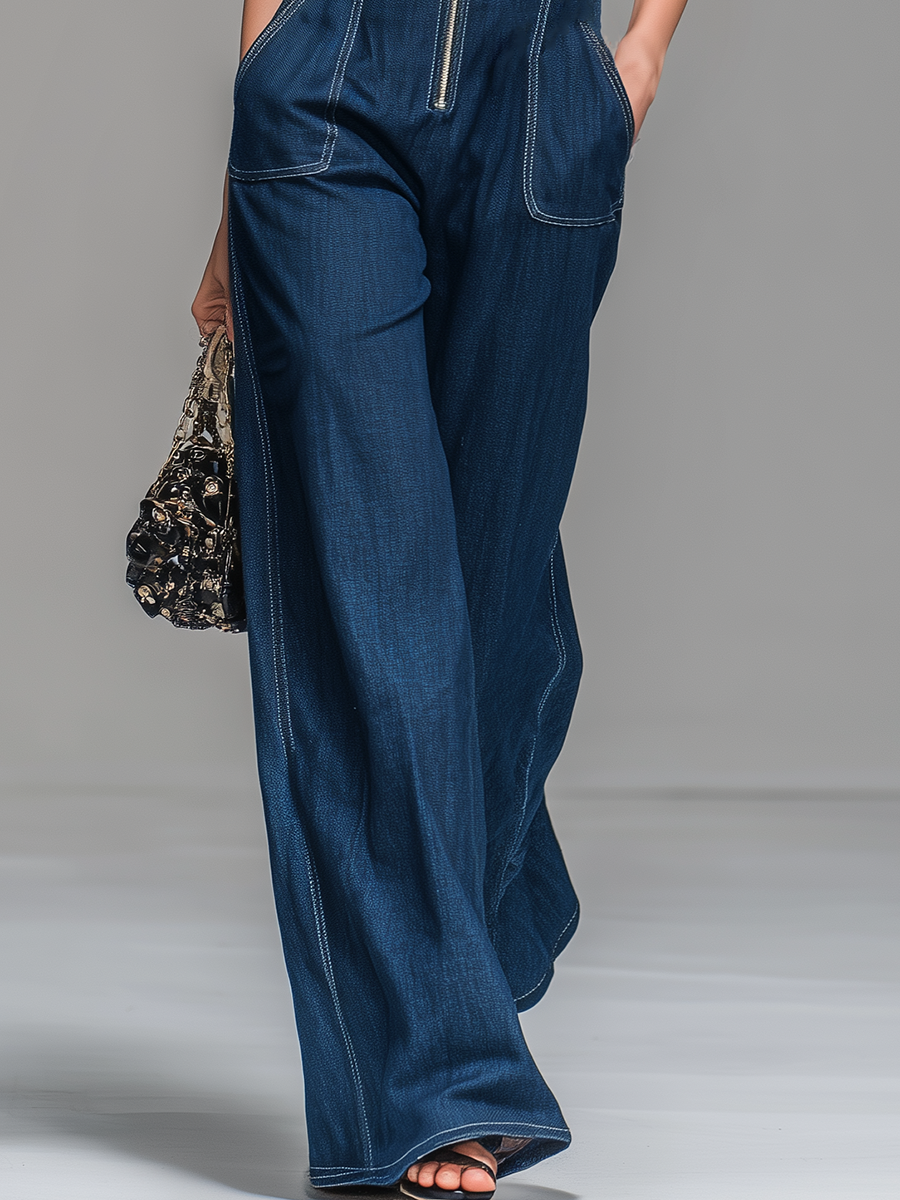 Fashionable Retro Stand-up Collar Zipper Sleeveless Jumpsuit