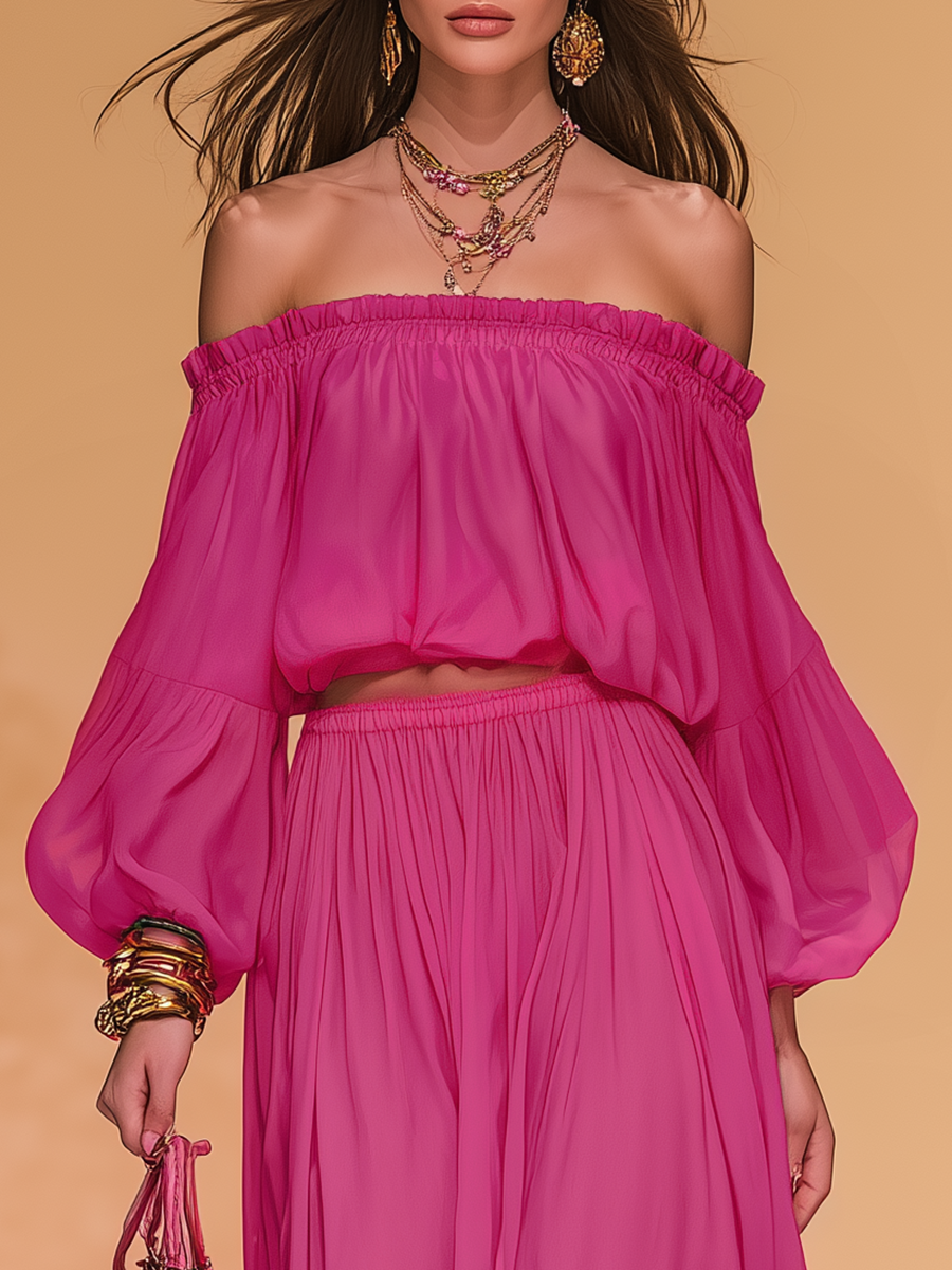 Elegant Vintage Off-the-shoulder Chiffon Top And Wide-leg Pants Set