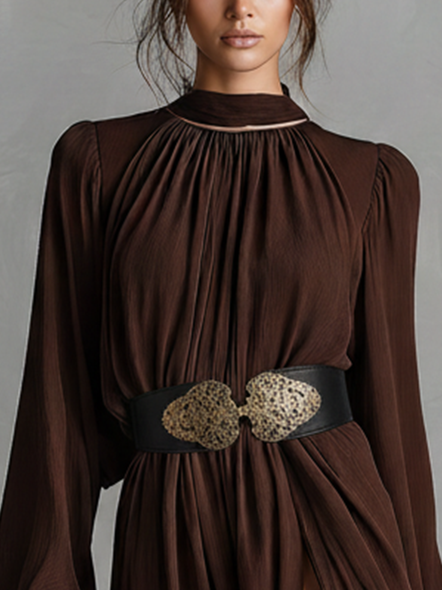 Women's Vintage Brown Milk Silk Stand-collar, Waist-cinching, Split-hem Long Dress MDZ1557A7BA