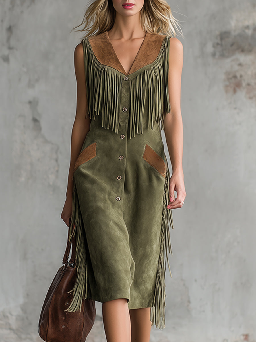Retro Western Style Fringed Olive Green Faux Suede Sleeveless Midi Dress