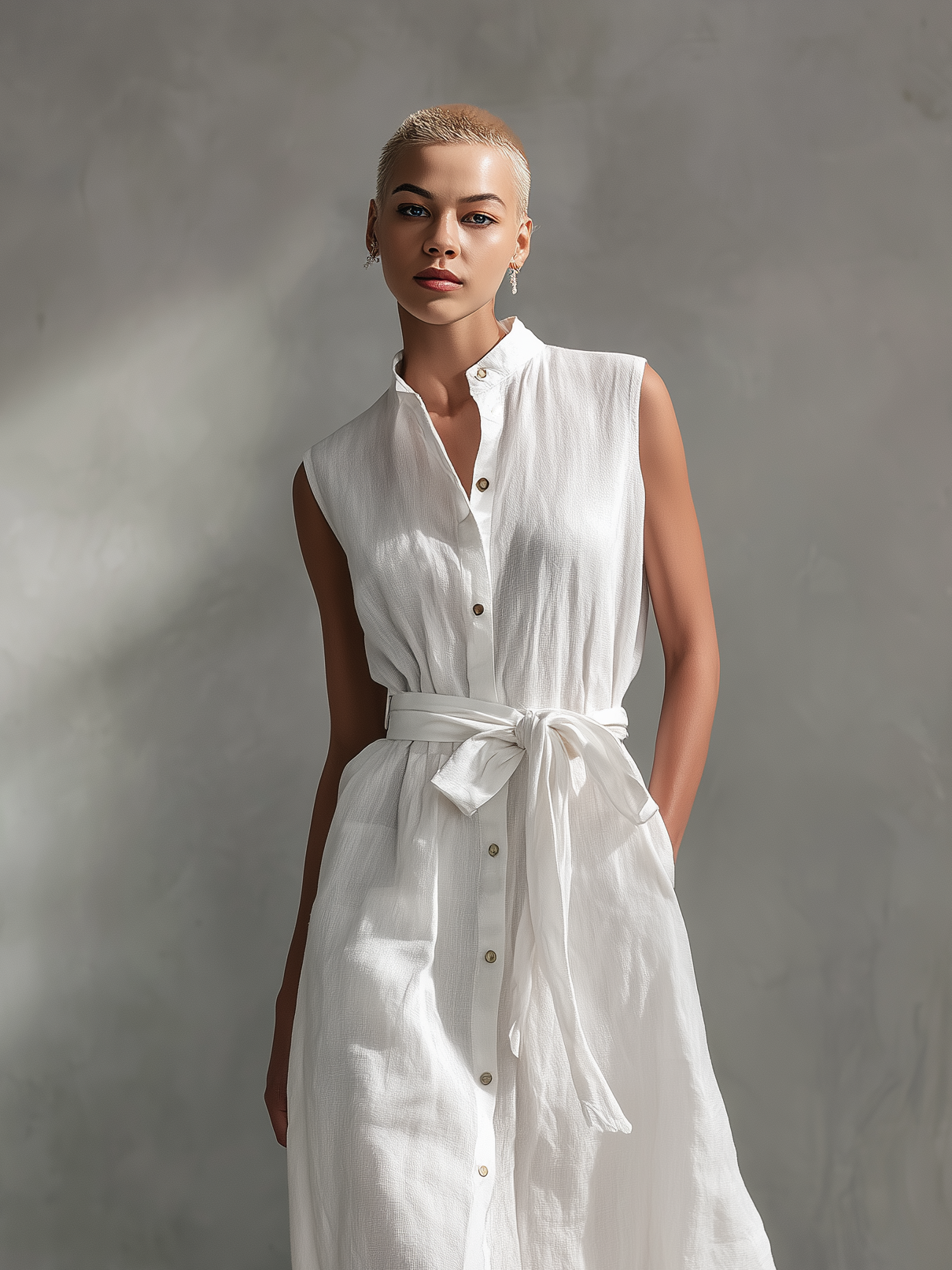 Women's Elegant White Cotton And Linen Blend Round Neck Sleeveless Maxi Dress MDA2920L9AN
