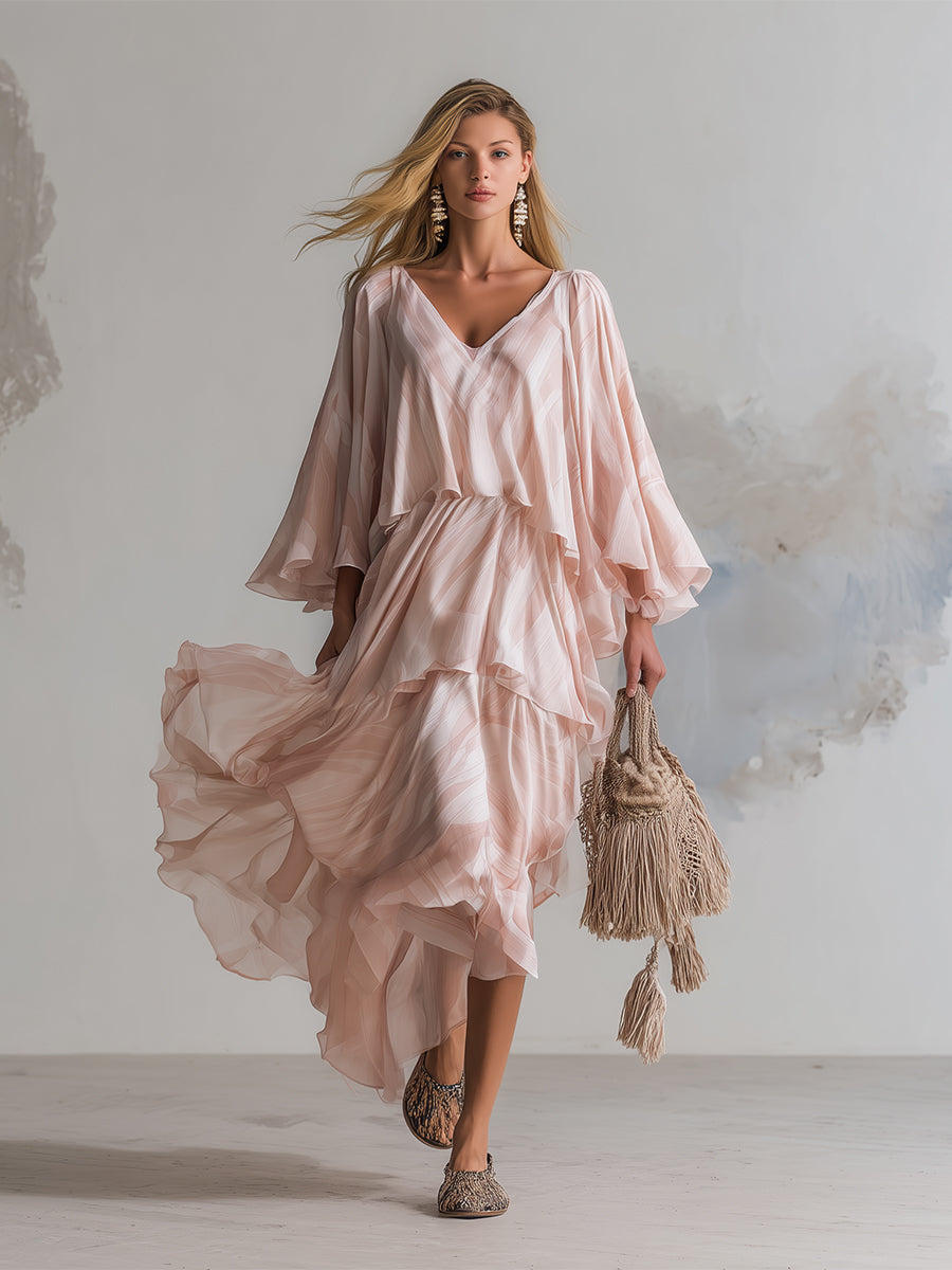 Elegant And Romantic Pink Floral Print Layered Flared Sleeved Maxi Dress