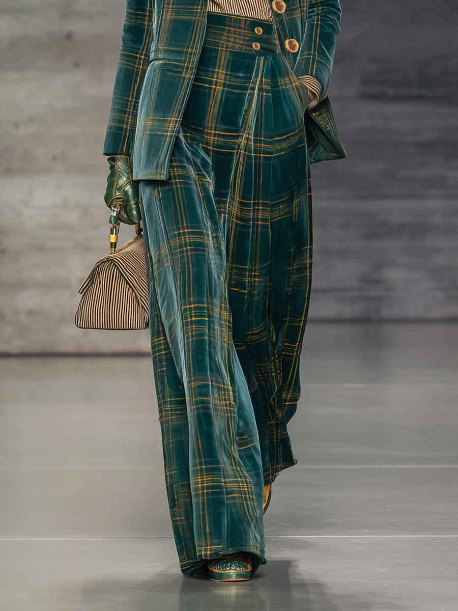 Retro And Fashionable Green Plaid Velvet Blazer High Waist Wide Leg Pants Set