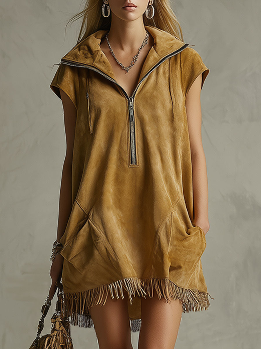 Western Retro Tassel Casual Khaki Brown Lapel Half-zip Faux Suede Mini Dress