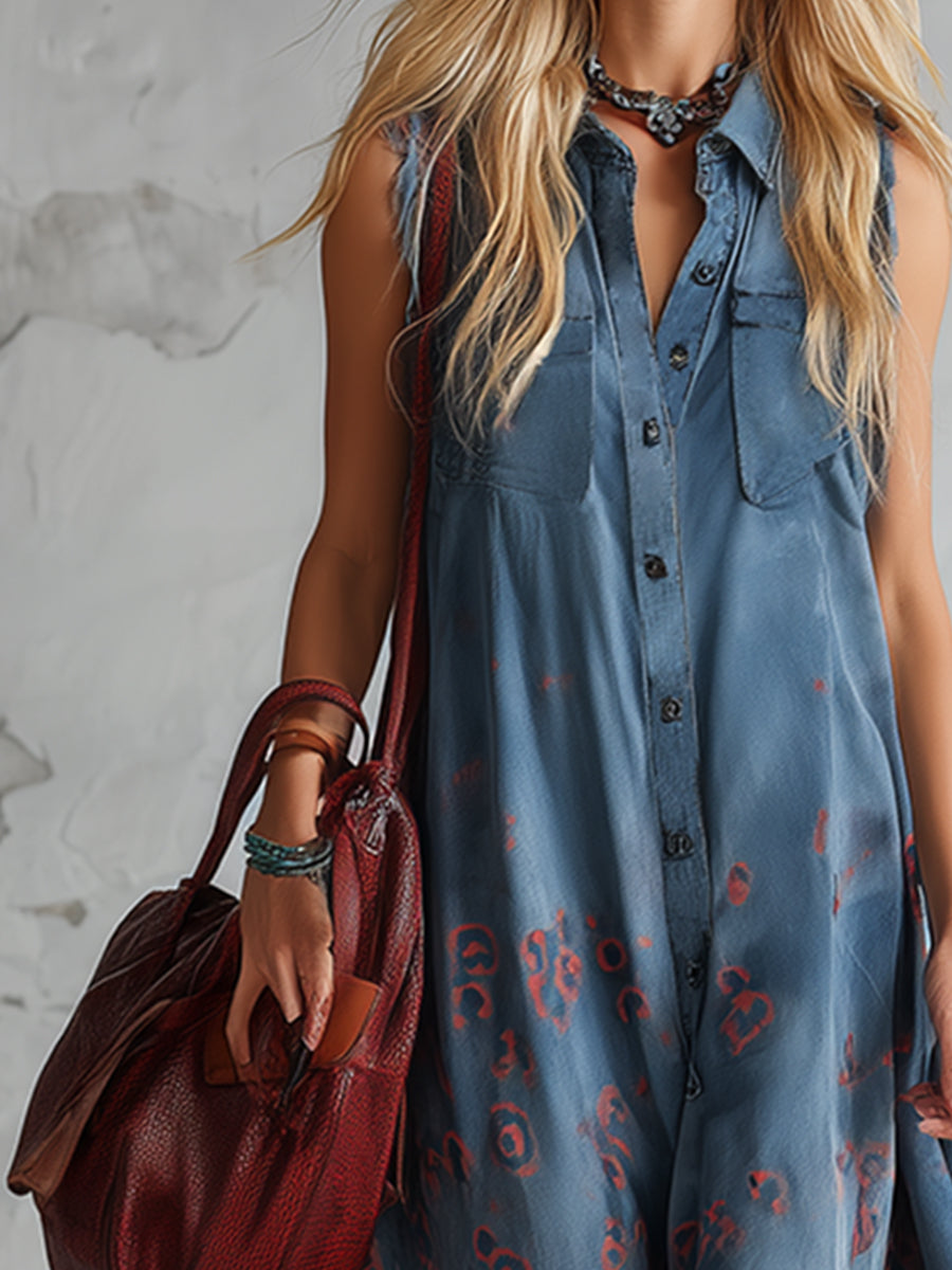 Vintage Western Style Loose Blue Faux Suede Printed Sleeveless Maxi Dress