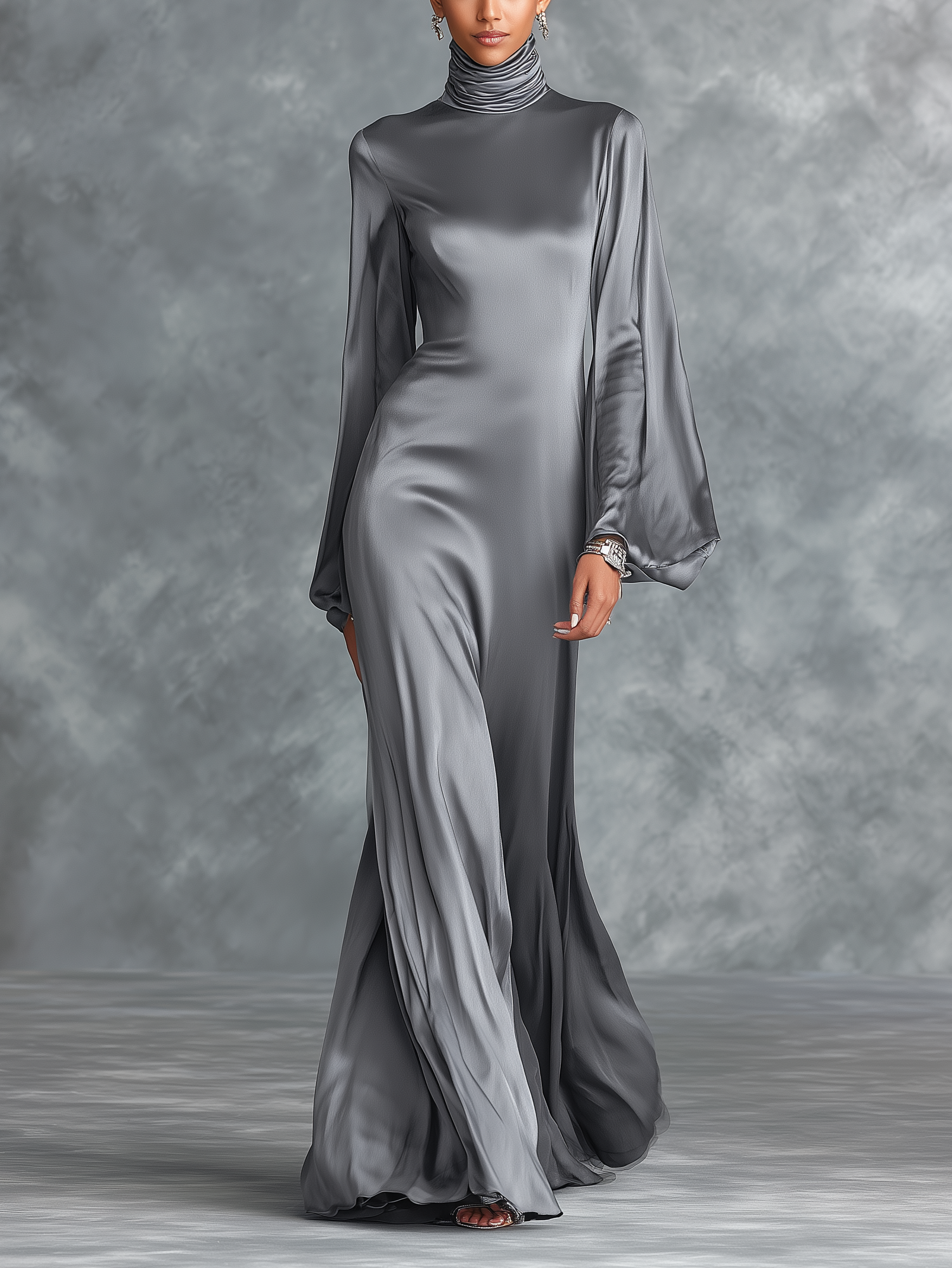 Women's Fashionable Grey Satin High-neck Long-sleeved Loose-fitting Maxi Dress MDZ0690A0AN