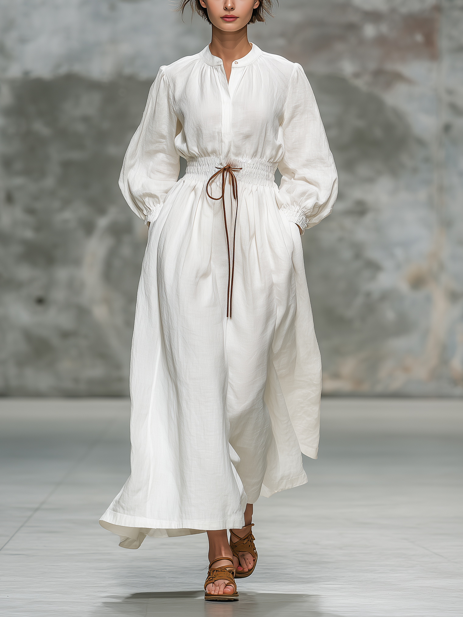 Women's Fashionable White Woven Round-neck Long-sleeved Maxi Dress With Elastic Waist MDZ0650A8AN