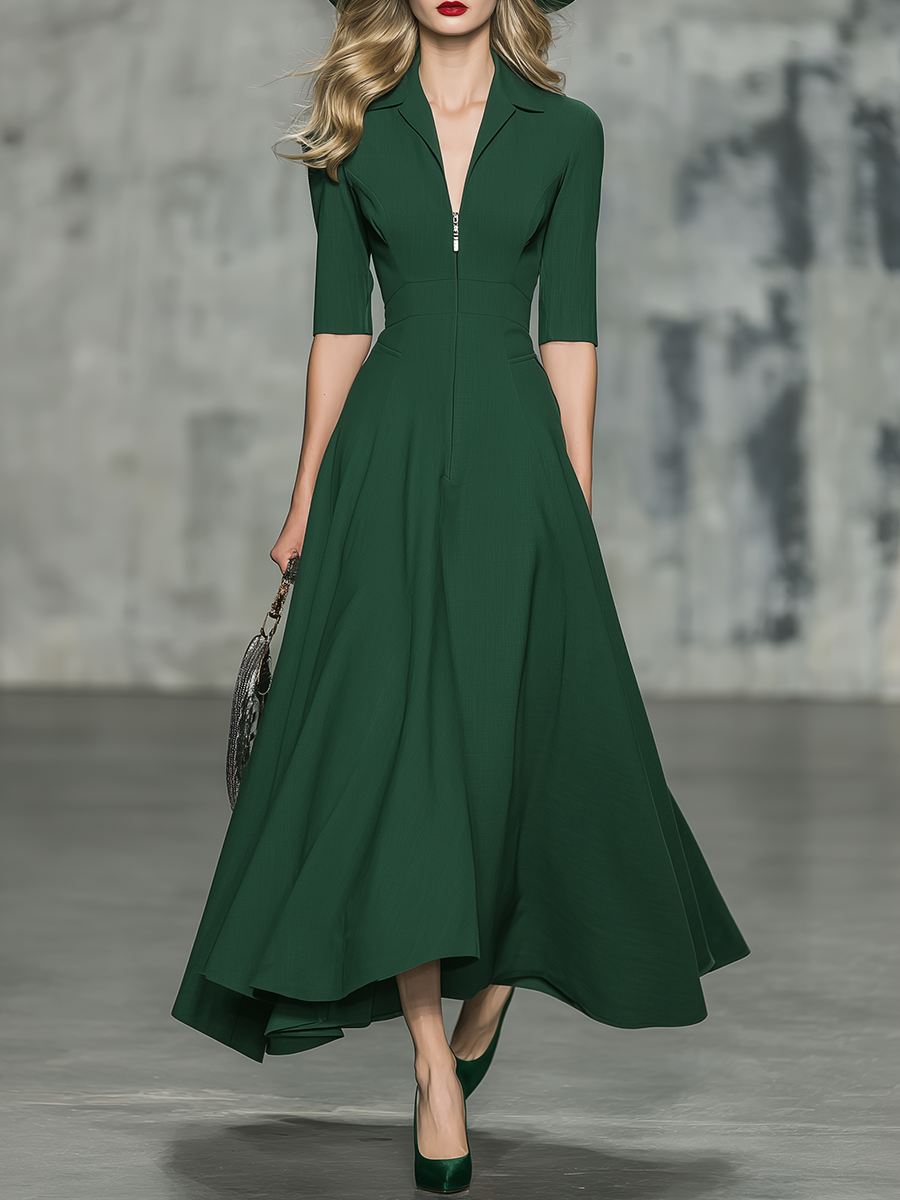 Elegant And Sophisticated Half-zip Short-sleeved Green A-line Maxi Dress