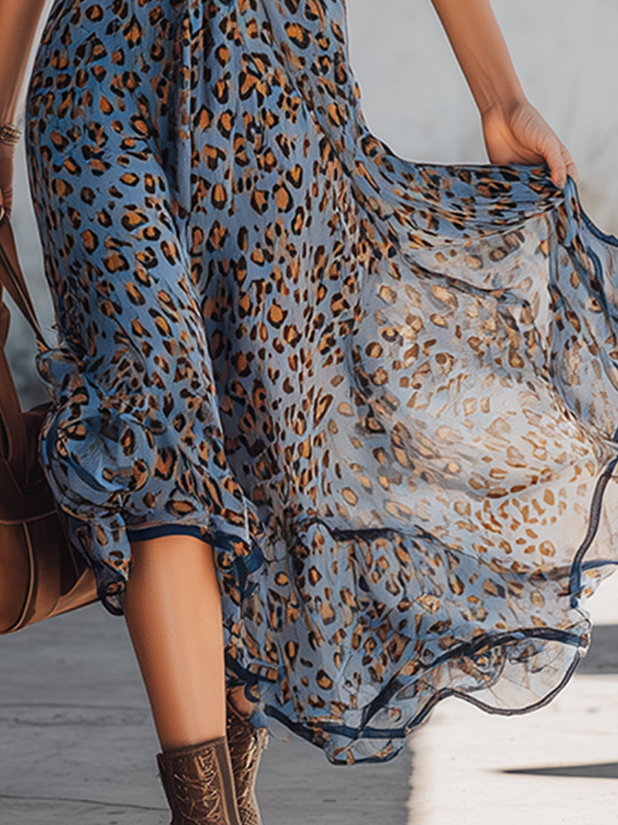 Stylish Retro Blue Leopard Print Chiffon Midi Dress