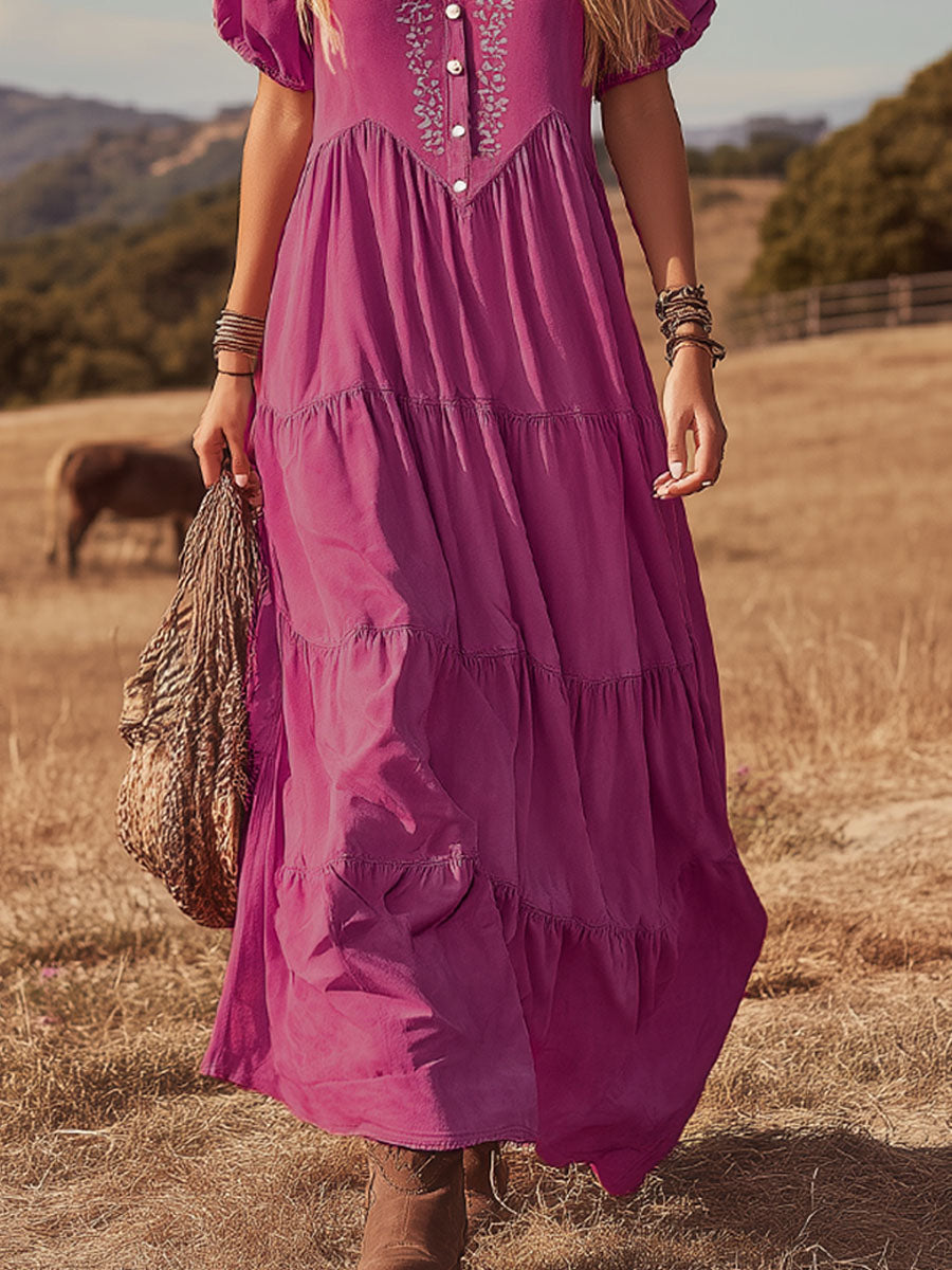 V-neck Button-down Faux Suede Short-sleeved Maxi Dress