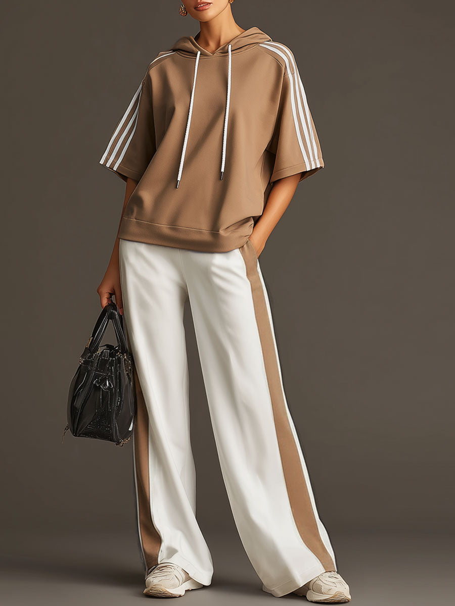 Casual Sporty Retro Camel Short-Sleeve Hooded Sweatshirt And Wide-Leg Pants Set