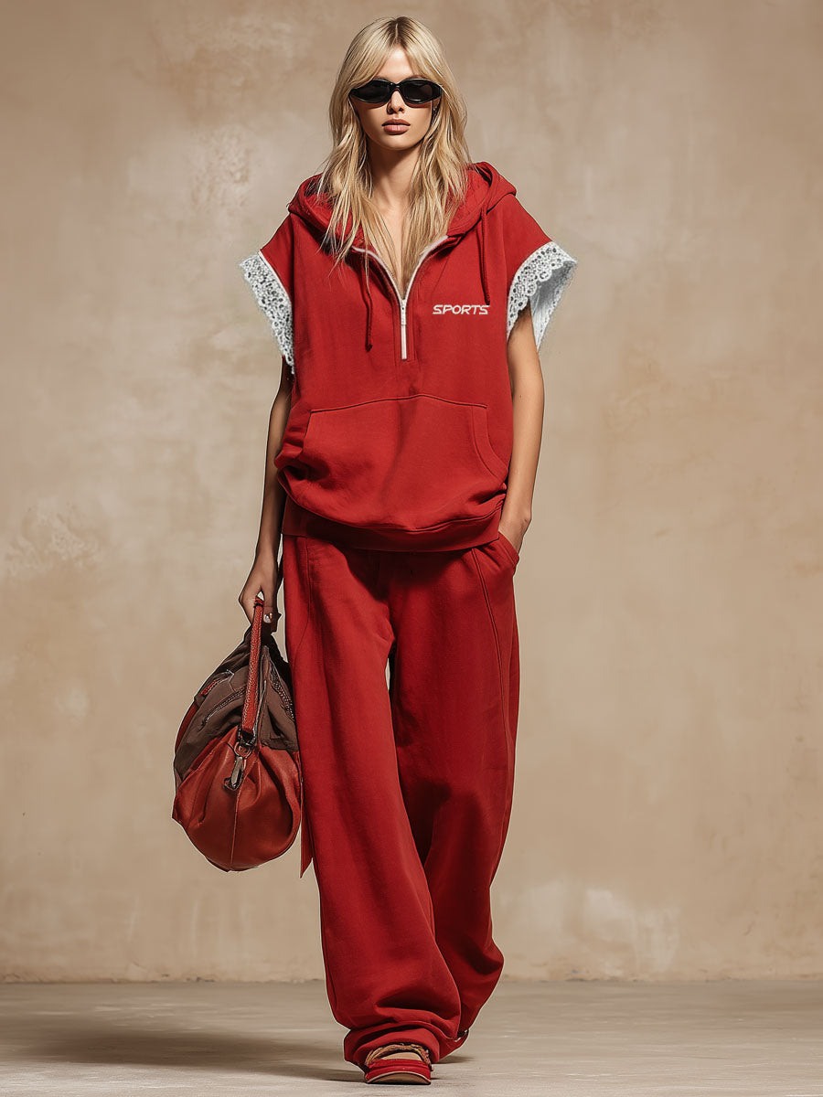 Hooded Lace-trimmed Sleeveless Top And Pants Set