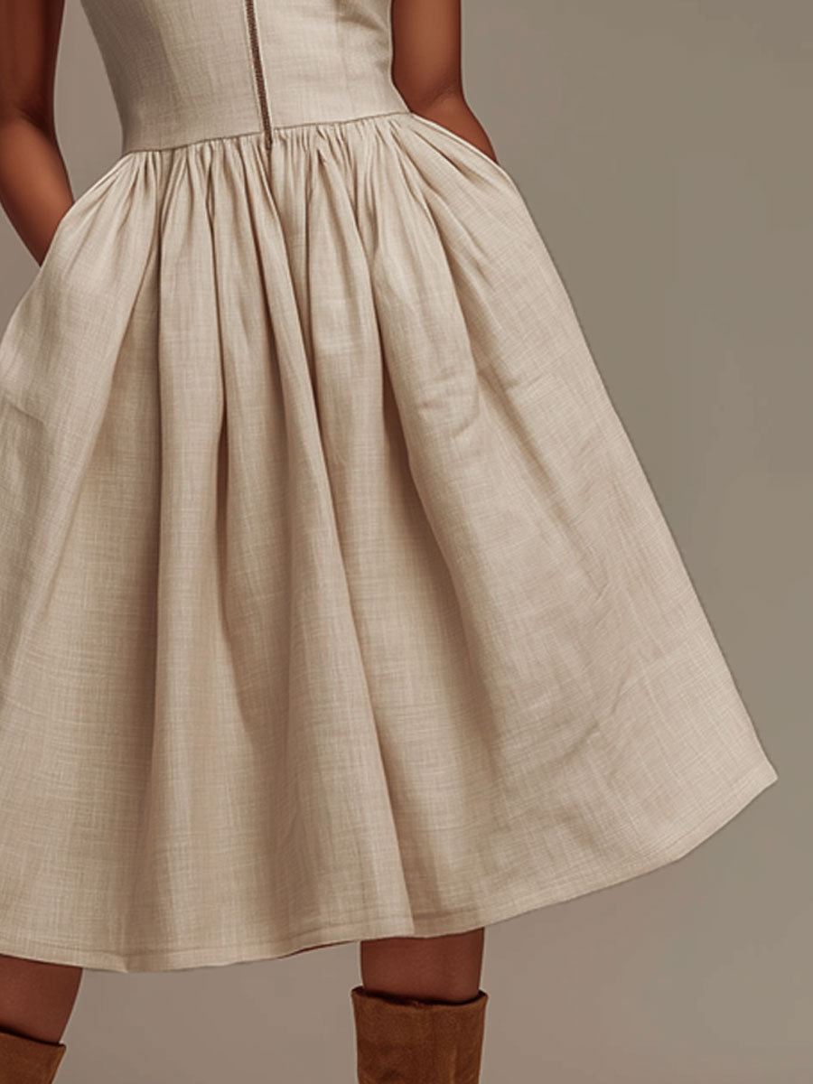 Retro-chic Light Khaki Cotton Linen Sleeveless A-line Midi Dress