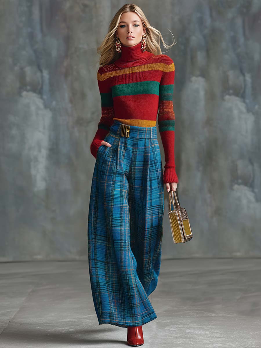 Vintage Fashion Versatile Blue Plaid Wide-leg Pants