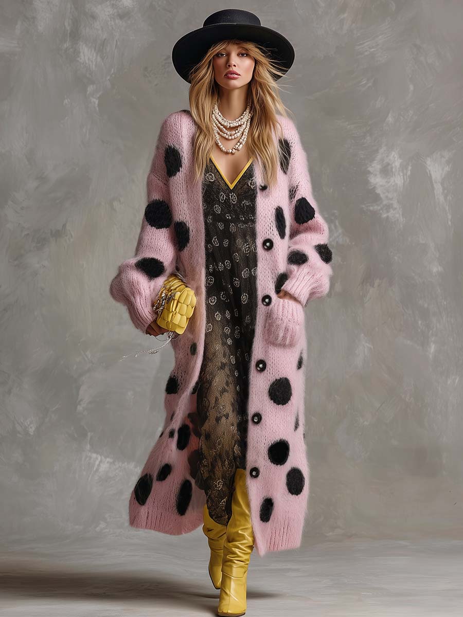 Vintage Fashion Lazy Front Button Black Polka Dot Pink Imitation Rabbit Fur Knitted Long-sleeved Cardigan