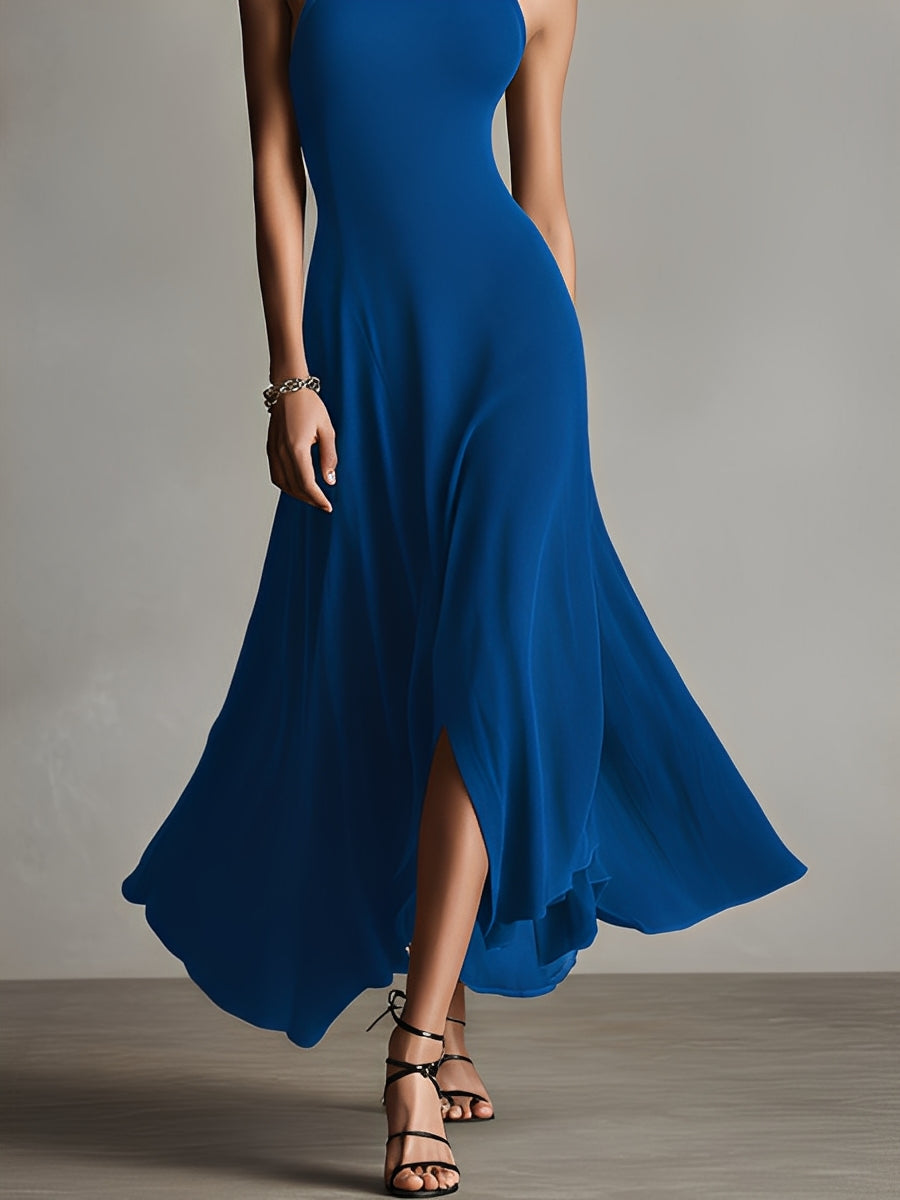 Women's Royal Blue Ribbed Knit Dress With Halter Neck & Side Slit, Timeless Sleek-Chic Style Dress MDZ0995A9I