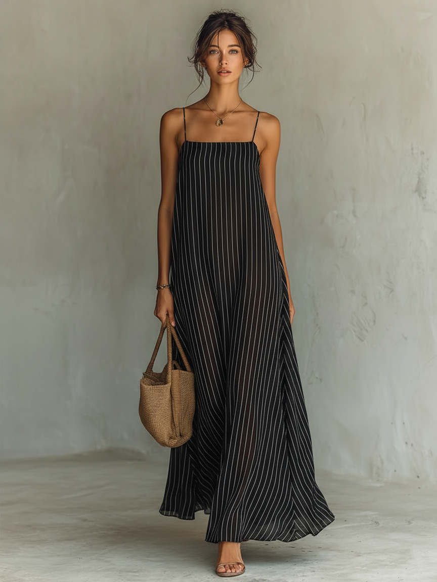 Women's Minimalist Chiffon Striped Print Backless Maxi Dress MDZ0311B5Y