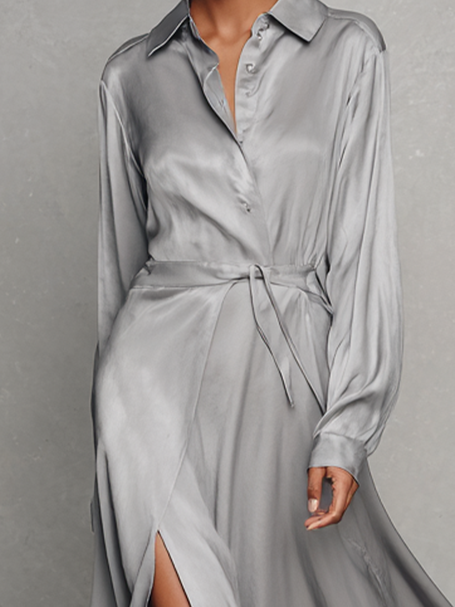 Women's Elegant Grey Satin Shirt-collar Long Dress With Tie Detail MDZ1502A6BA