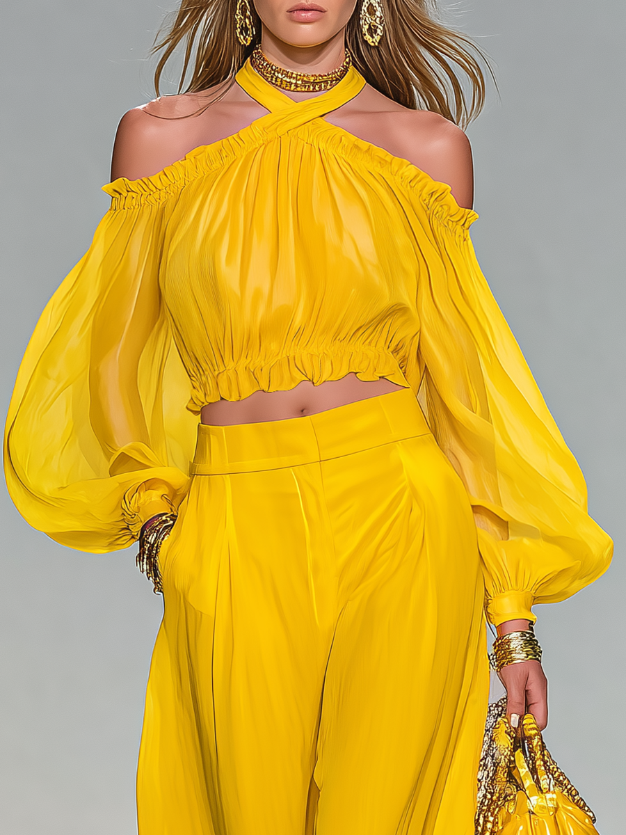 Elegant Urban Style Halter-neck Chiffon Top And Wide-leg Pants Set