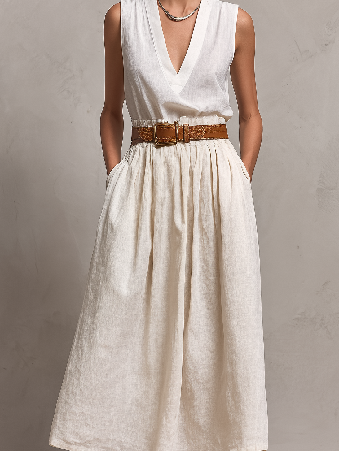 Women's Elegant Beige Cotton-linen Blend V-neck Sleeveless Top And Skirt Set (belt Not Included) MDZ1648A7AN