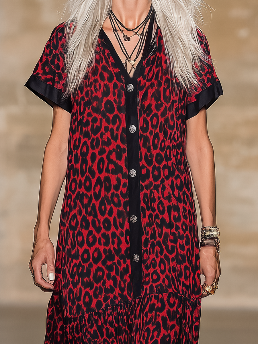 Loose-fitting, Western-style Leopard Print Matte Satin Sleeveless Red Maxi Dress