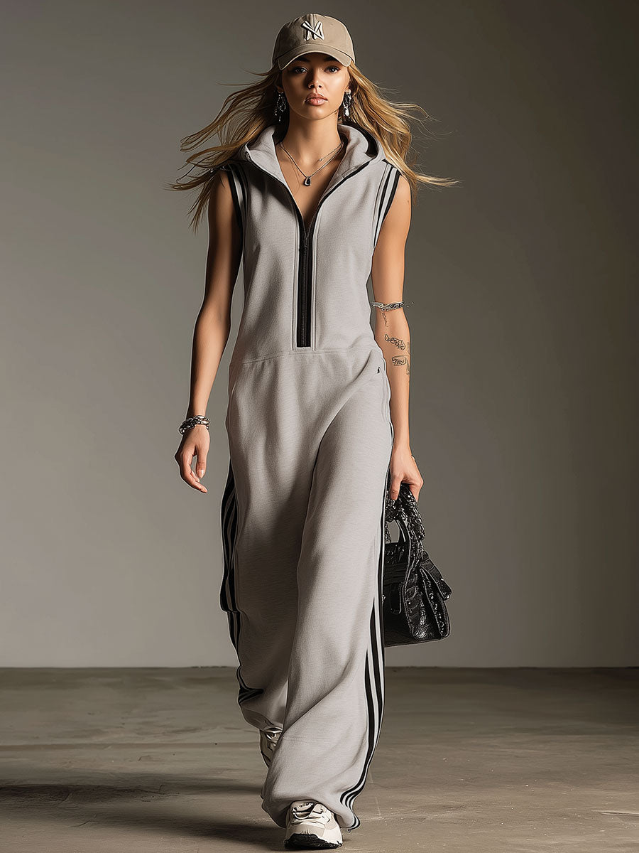 Fashionable Sporty Grey Hooded Cotton Blend Sleeveless Jumpsuit