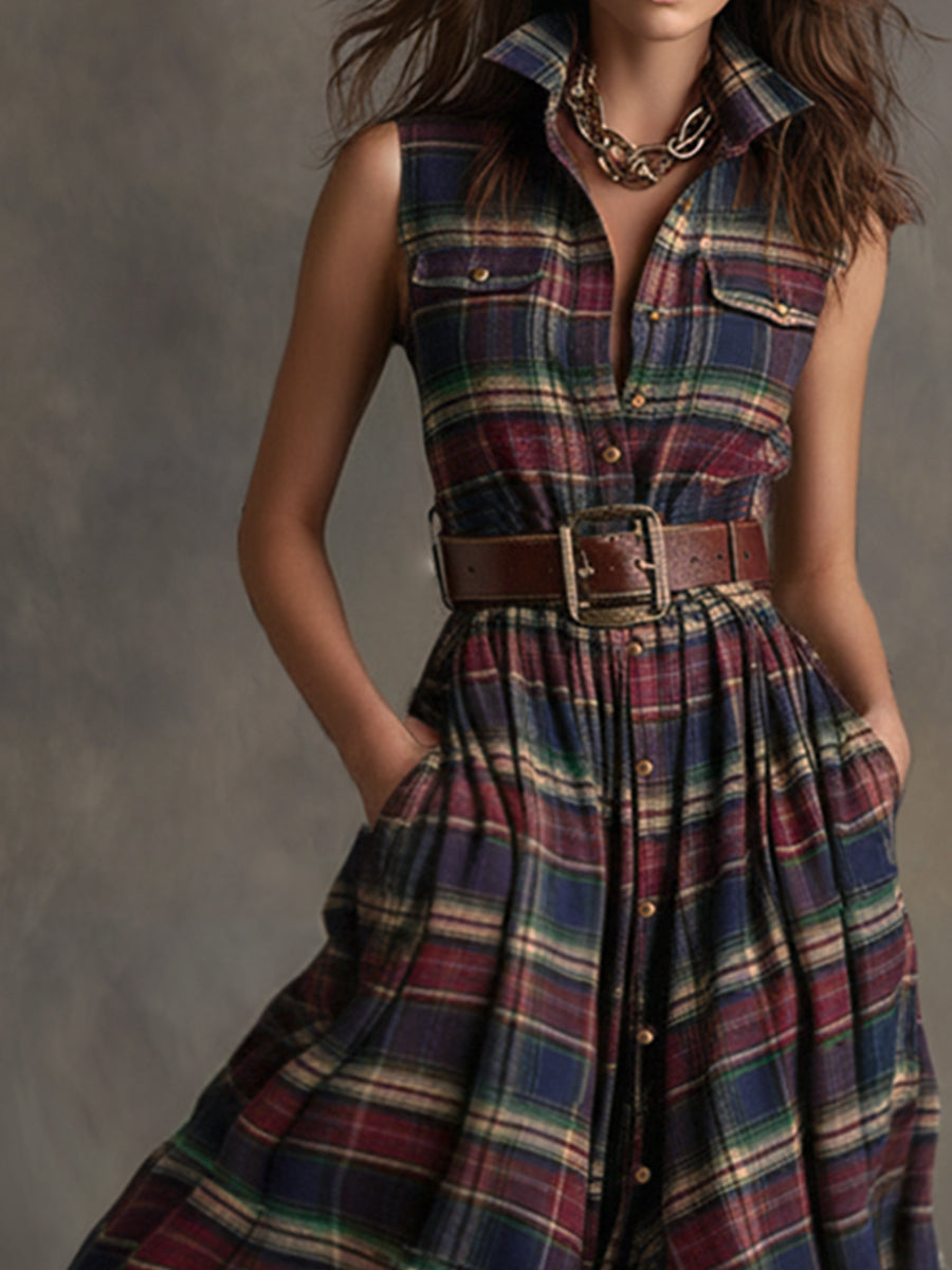 Retro Ethnic Style Lapel Collar Plaid Sleeveless Maxi Dress