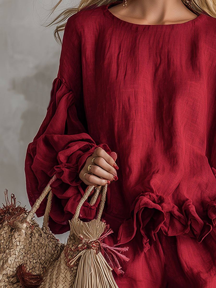Vintage And Elegant Ruffled Red Cotton And Linen Shirt And Shorts Set