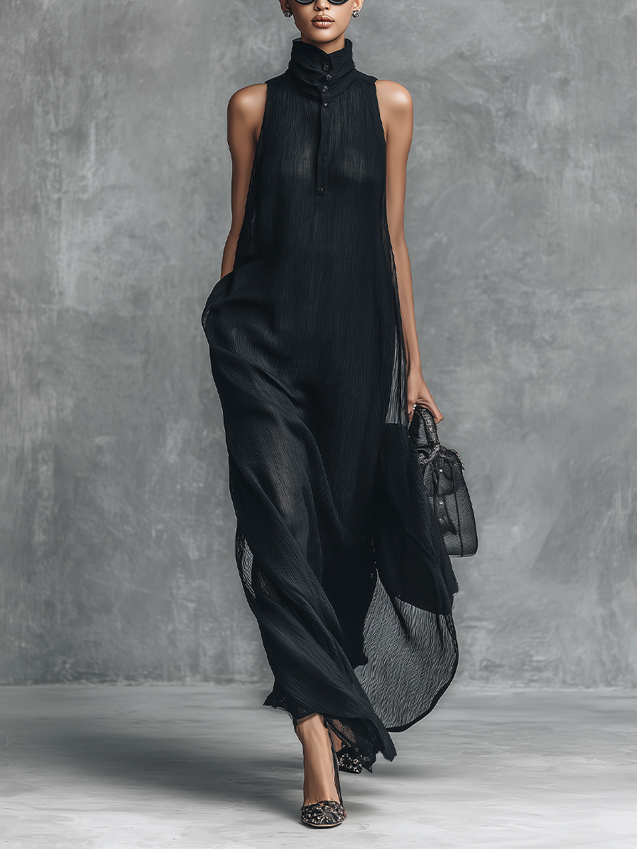 Women's Simple Style Black Chiffon Crinkle Sleeveless Stand-collar Long Dress MDZ1515A5BA