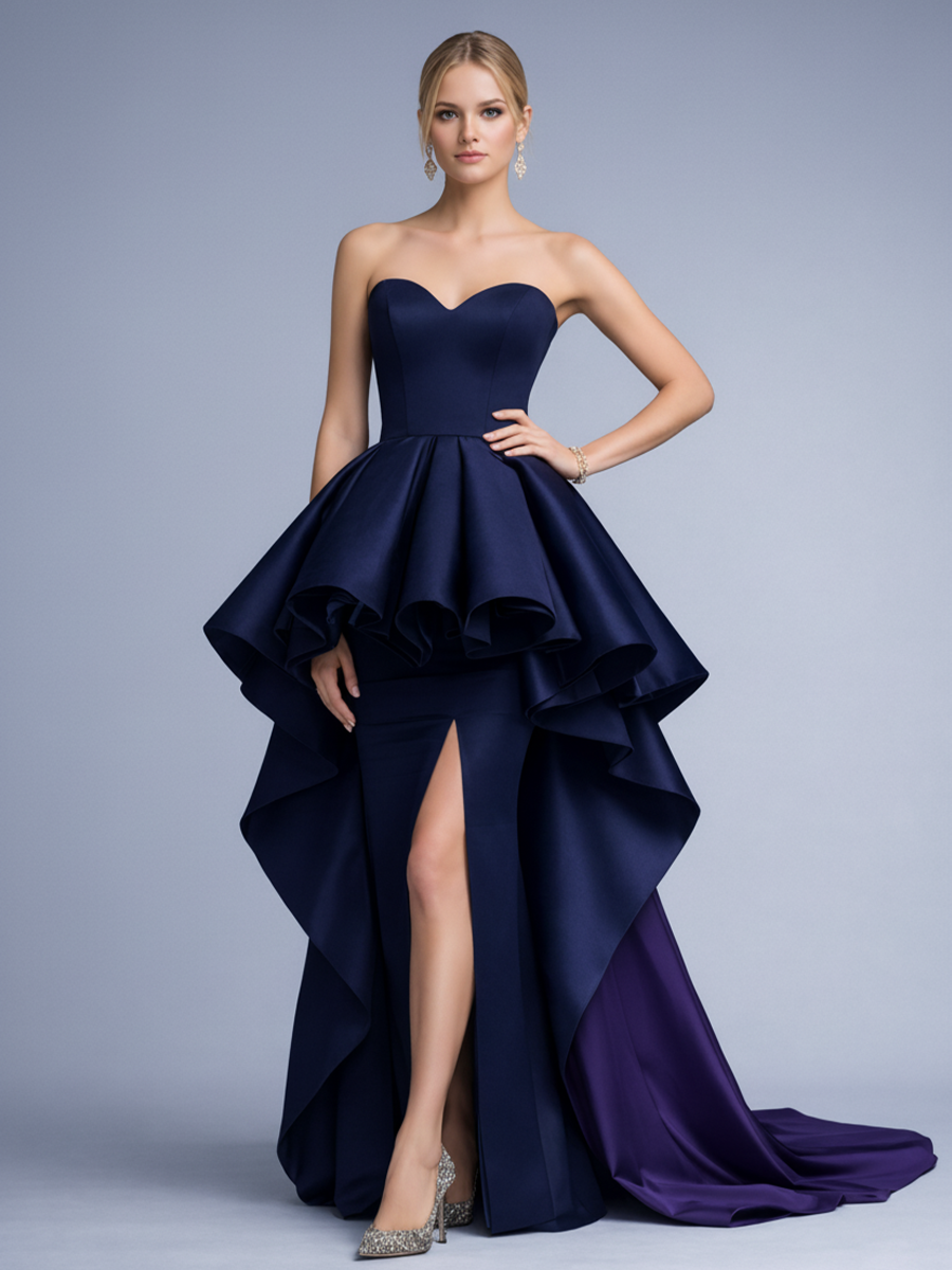 Women's Luxurious Navy Blue Satin Strapless Evening Gown With A Train MDA3174L3BA