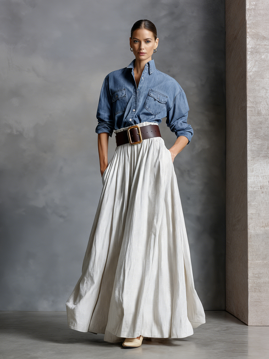 Women's Elegant Tencel Denim Shirt And Cotton Blend Long Skirt Two-piece Set(Belt not included) MDZ0455A1BA