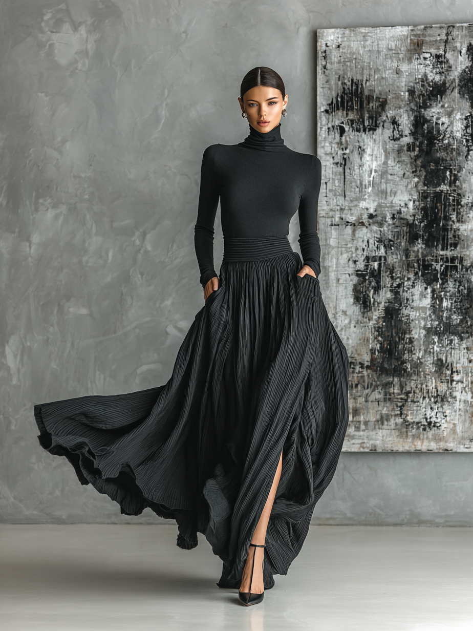 Women's Fashion All Black Skinny Turtleneck T-shirt Pleated Skirt Set MDA1366H1Y