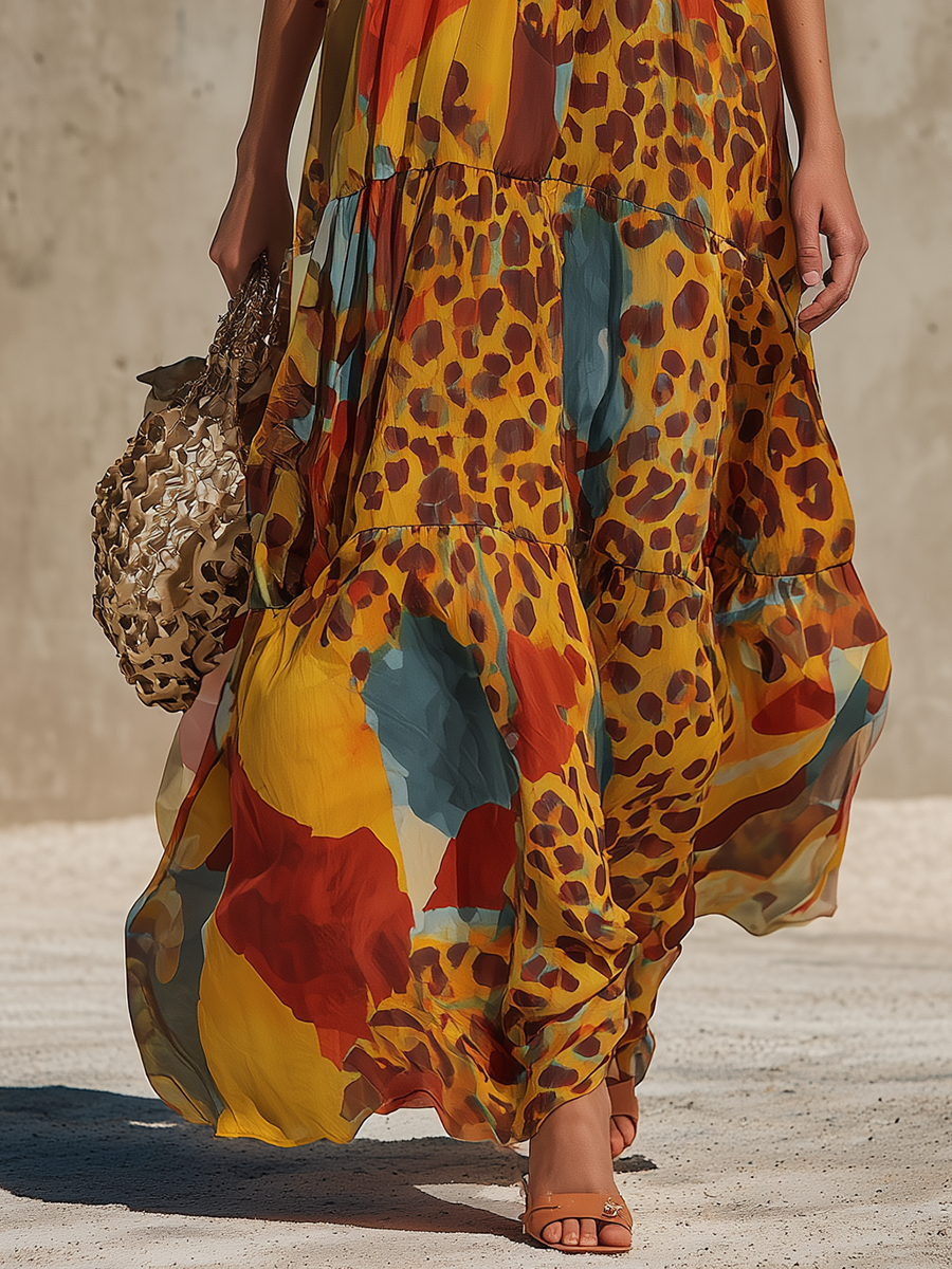 Stylish Western-style Colorful Leopard Print Sleeveless Chiffon Maxi Dress