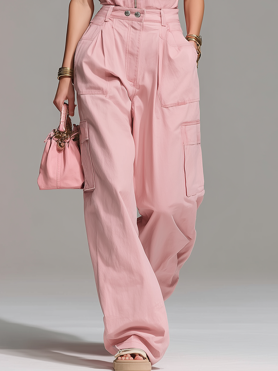 Casual And Comfortable Stand-up Collar Zip-up Sleeveless Top And Cargo Trousers Set