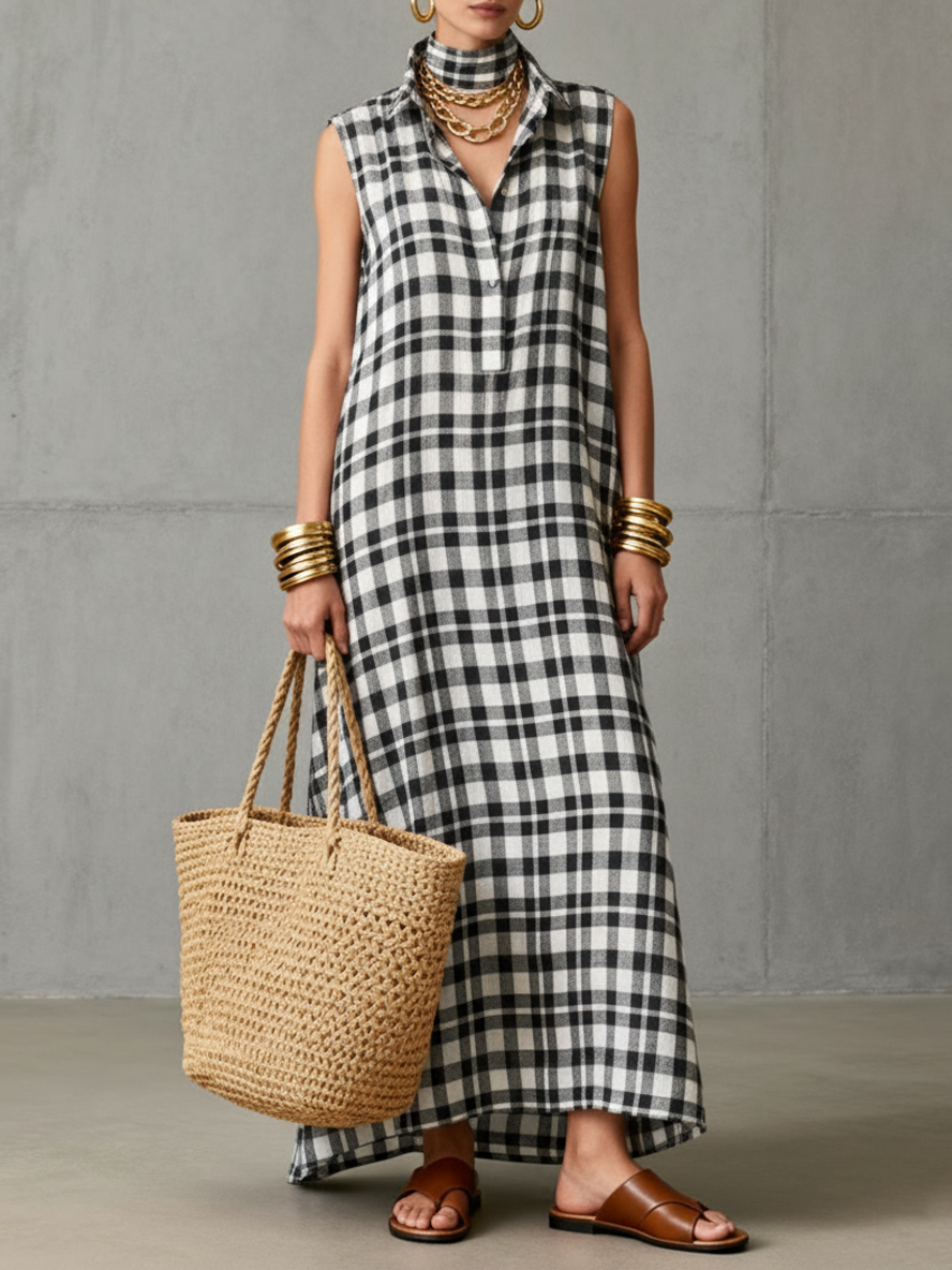 Women's Minimalist Checkered Sleeveless Maxi Dress MDZ0659A9Y