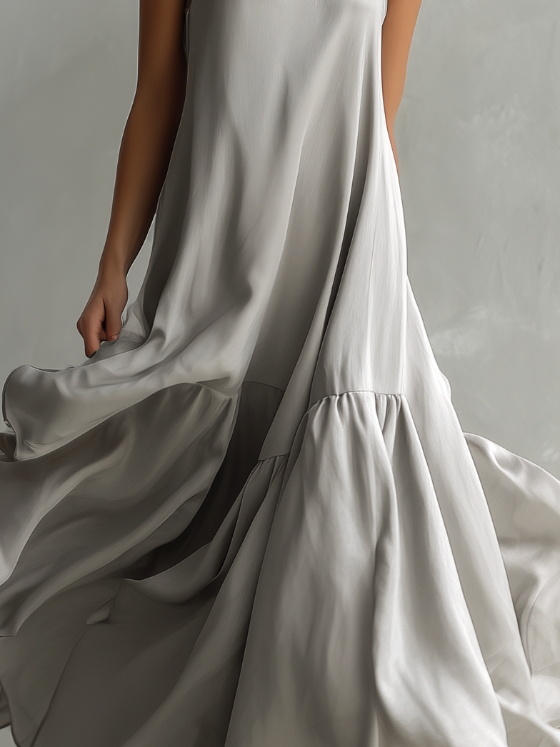 Women's Elegant Gray Satin Sleeveless Loose-fitting Maxi Dress With Spaghetti Straps MDZ0949A8AN