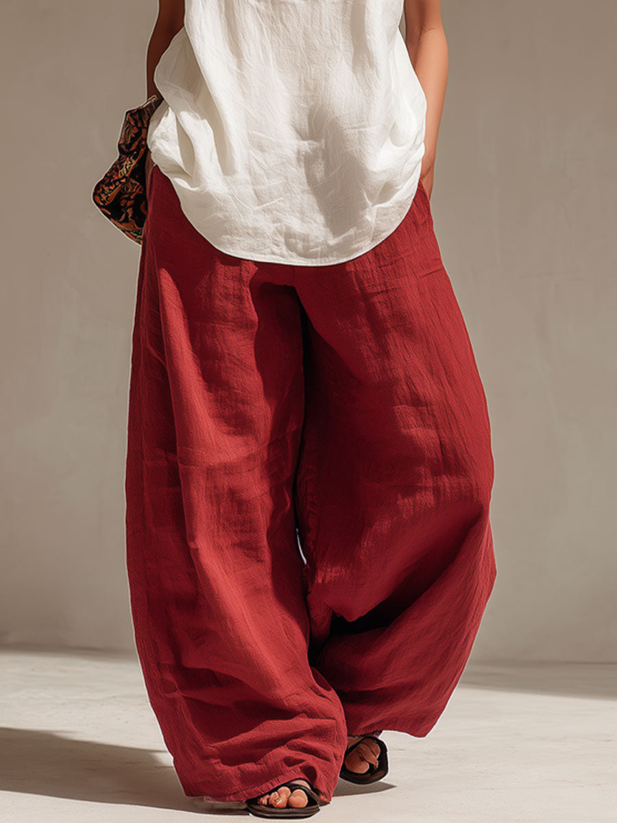 Vacation Retro Lace White Cotton Sleeveless Shirt And Red Pants Set
