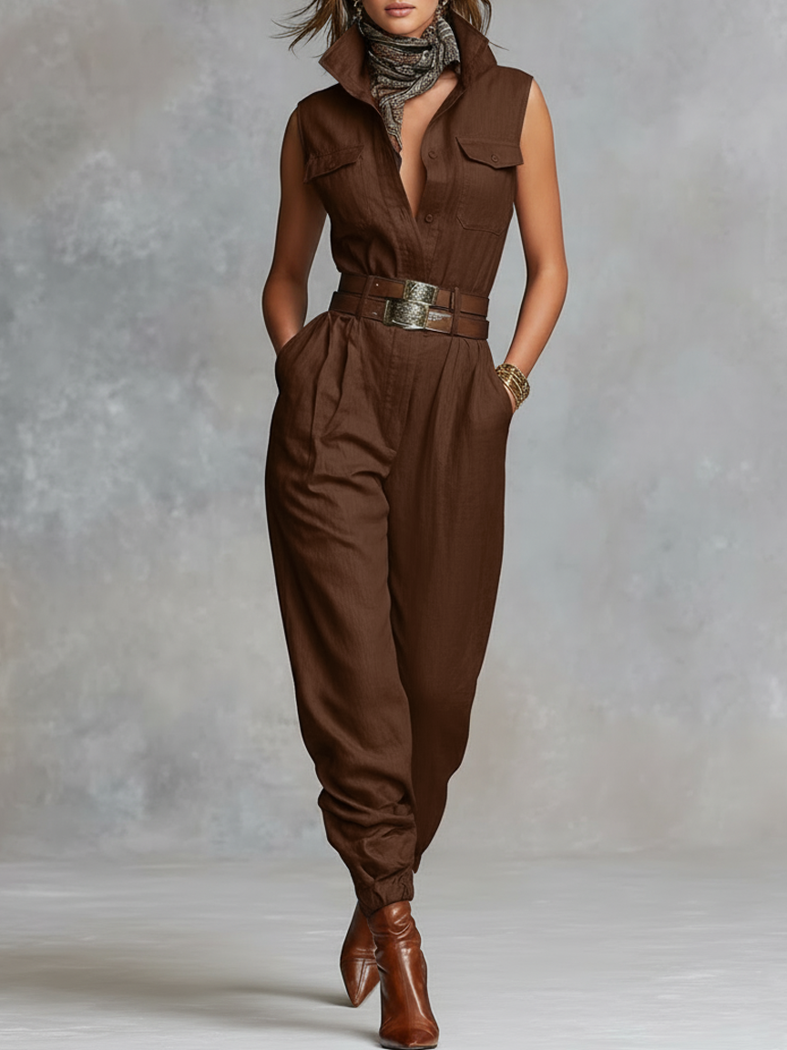 Women's Minimalist Linen-blend Button-up Collared Sleeveless Jumpsuit (belt Not Included) MDZ0530A4Y