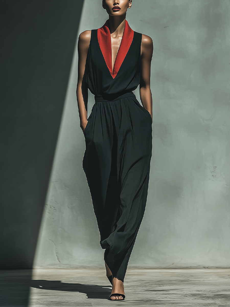 Women's Black Chiffon Sleeveless Jumpsuit With Red Contrast V-Neck Collar & Wide-Leg MDZ0965A8T