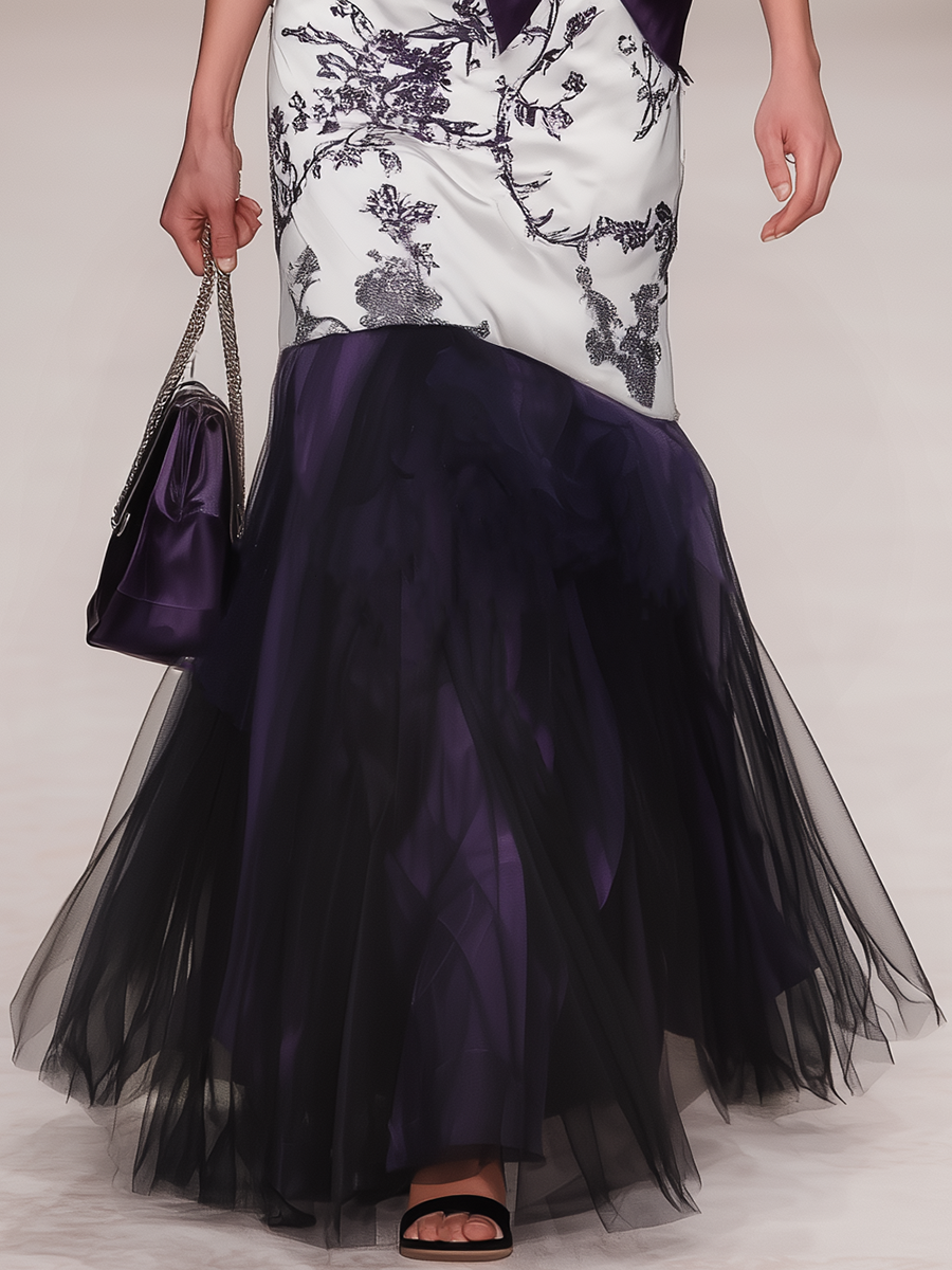 Elegant Retro Square Neck Sleeveless Printed Satin Maxi Dress