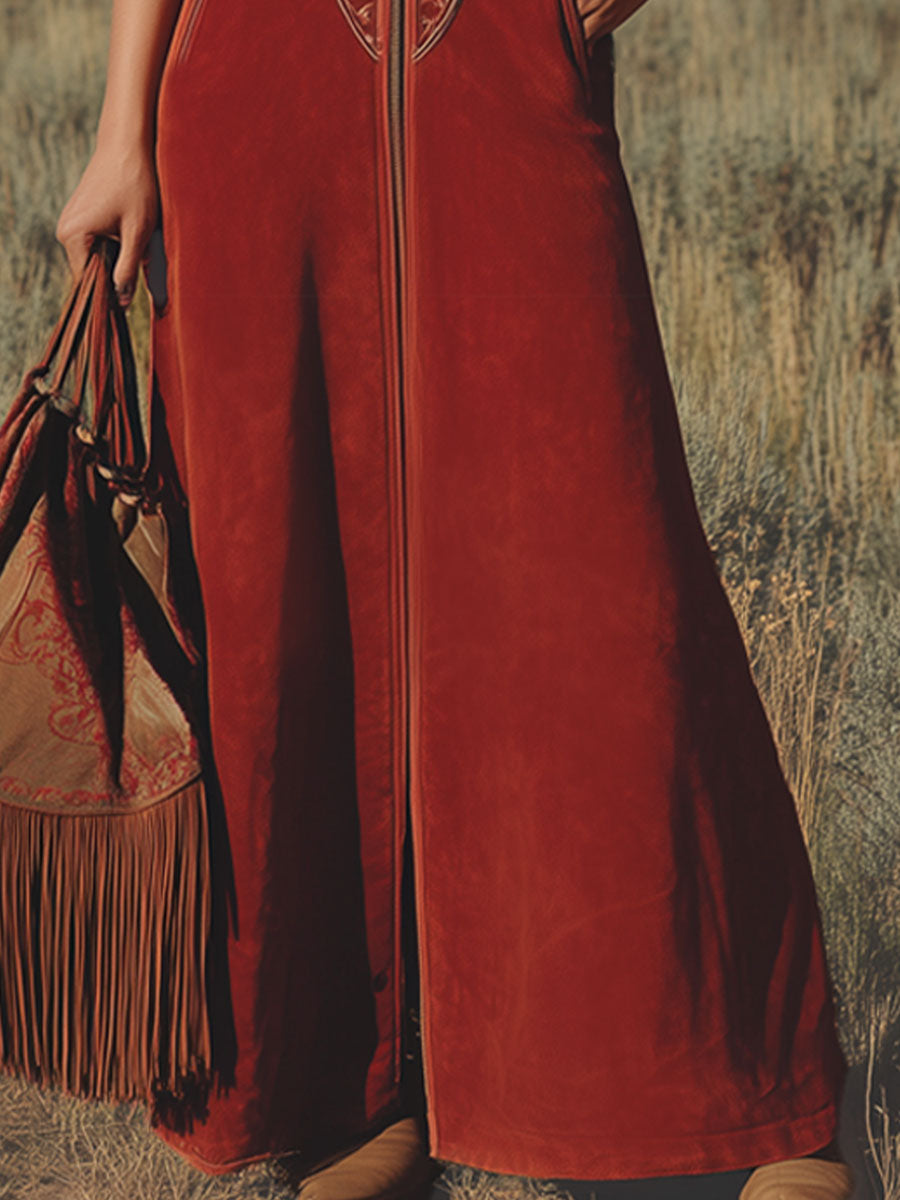 Western-style Stand-collar Long-zipper Embroidered Faux Suede Sleeveless Maxi Dress