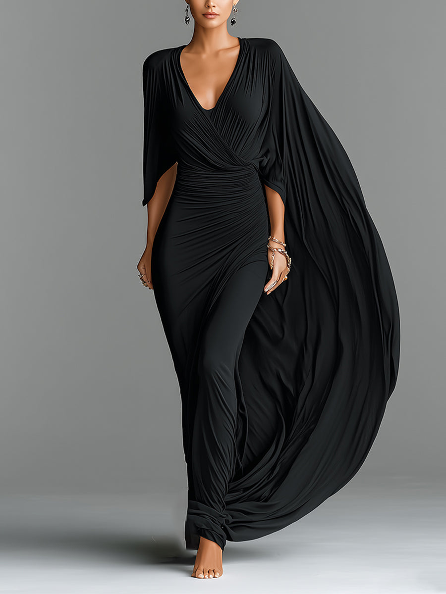 Women's Black Stretch Jersey Dress With Deep V-Neck & Cape Sleeve, Timeless Dramatic-Luxe Style Dress MDZ1696A1I