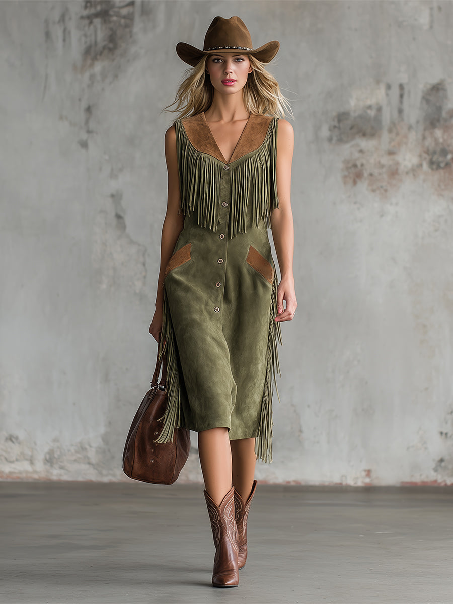 Retro Western Style Fringed Olive Green Faux Suede Sleeveless Midi Dress